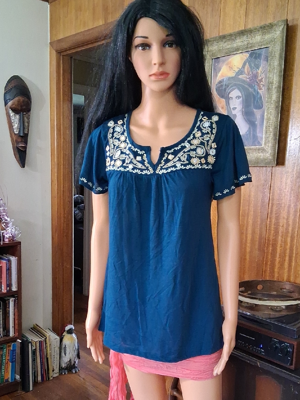 Style & Co. Navy Blue Short-Sleeve Embroidered Peasant Blouse